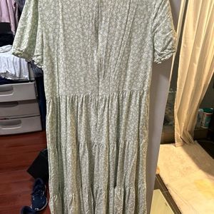 J. Crew Factory Floral Puff Sleeve Tiered Midi Dress in Feathered Sage White M